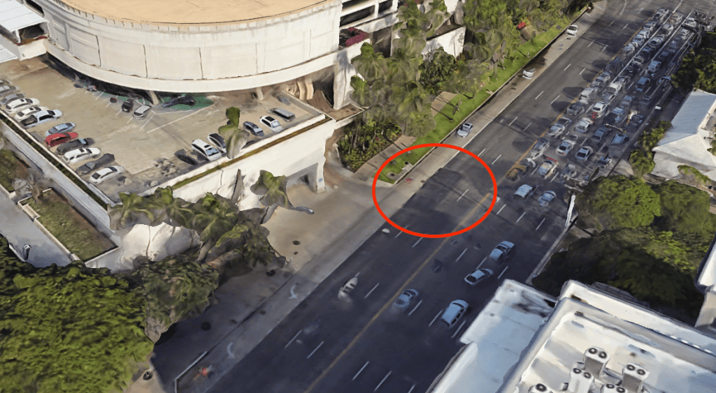 A three-dimensional overhead view with the steel road plates in the 1800 block of Kalakaua Avenue highlighted.